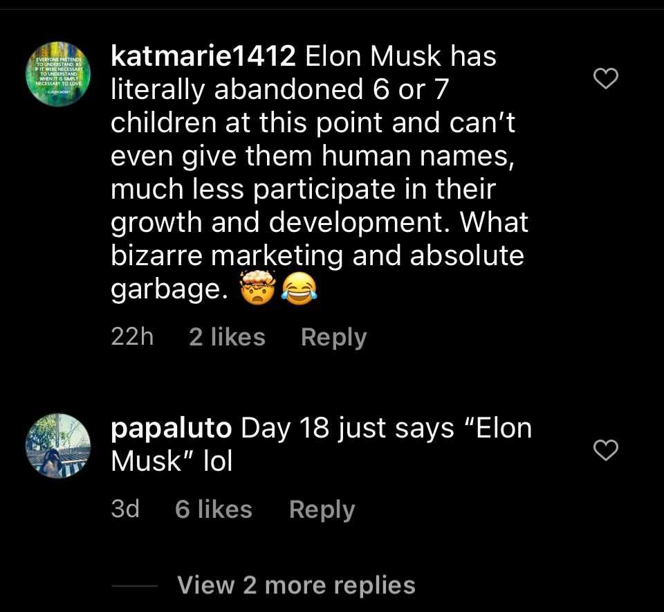 Elon Musk has literally abandoned 6 or 7 children at this point and can't even give them human names, much less participate in their growth and development. What bizarre marketing and absolute garbage. [head explodes]