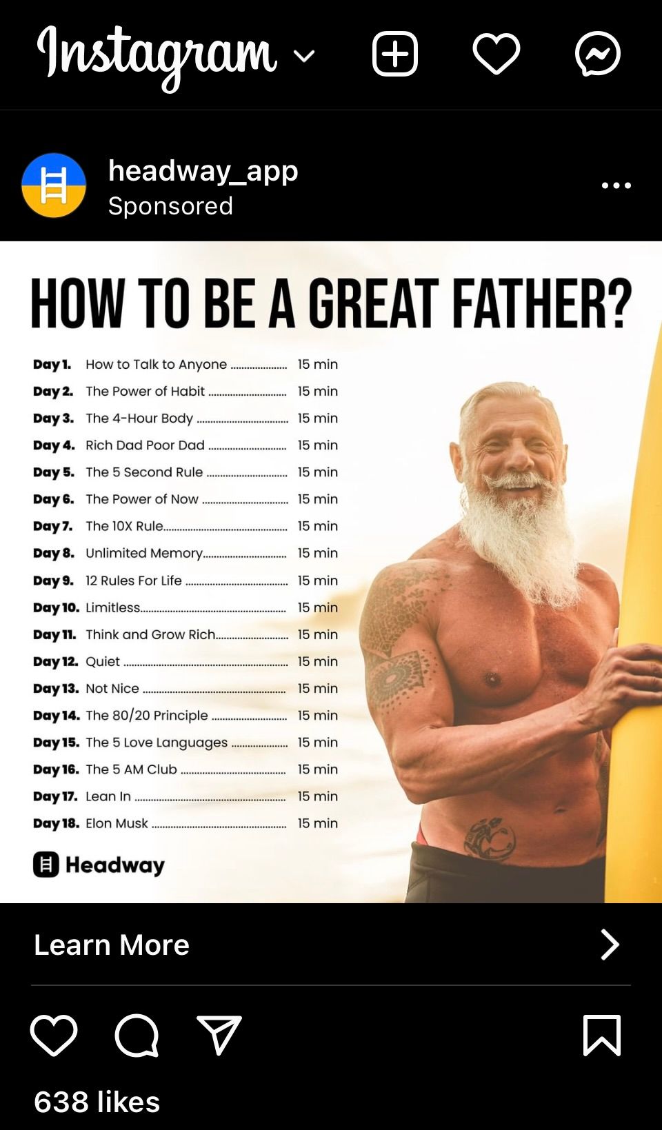 Ad from Headway App about How To Be A Great Father with summaries of 18 books